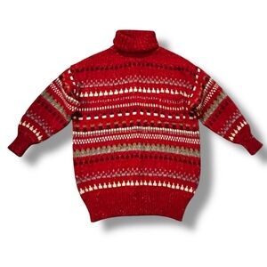 Vintage Lizwear Sweater Chunky Knit Turtleneck Red Nordic Stripes Medium